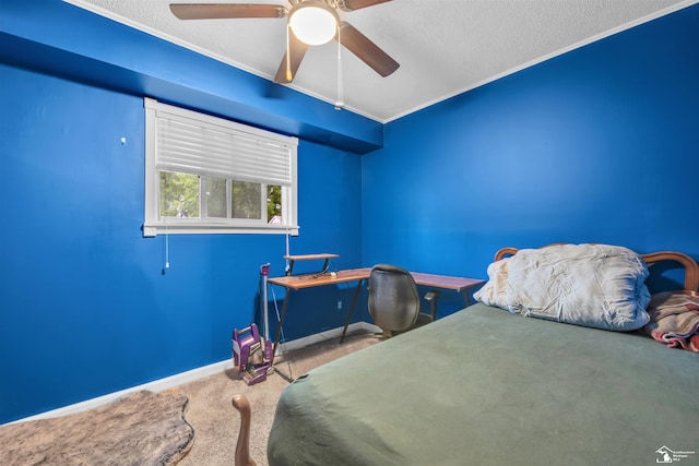 12323 Oakland Ave, Mount Morris, MI 48458 - bedroom with carpet, a textured ceiling, crown molding, baseboards, and a ceiling fan