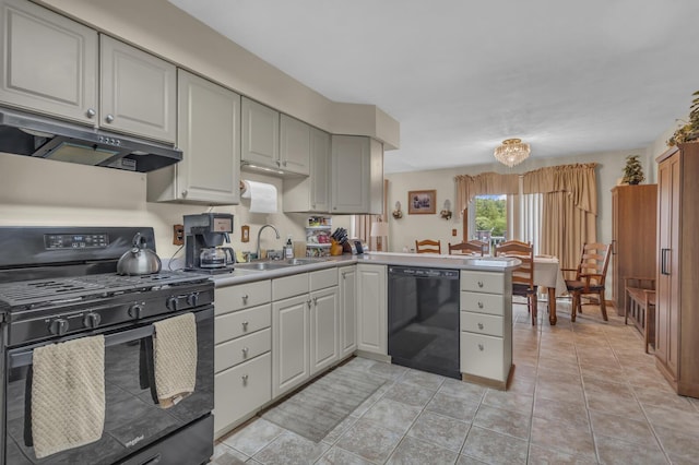 3460 Sears Rd, Horton, MI 49246 - kitchen featuring black appliances, under cabinet range hood, a sink, a peninsula, and light countertops