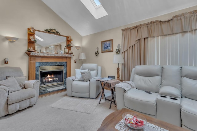 3460 Sears Rd, Horton, MI 49246 - living area featuring a skylight, a fireplace, light colored carpet, and high vaulted ceiling