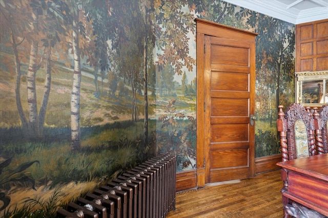 303 S State Ave, Alpena, MI 49707 - staircase with hardwood / wood-style floors, ornamental molding, wallpapered walls, and radiator