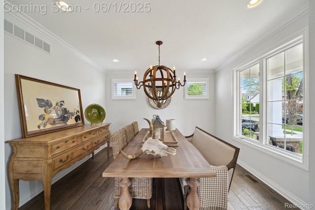 1992 Shipman Blvd, Birmingham, MI 48009 - dining area with a chandelier, baseboards, dark wood finished floors, crown molding, and recessed lighting
