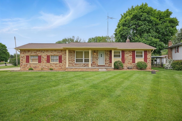 1451 Peachwood Dr, Flint, MI 48507 - ranch-style house with brick siding, a front lawn, a chimney, and a shingled roof