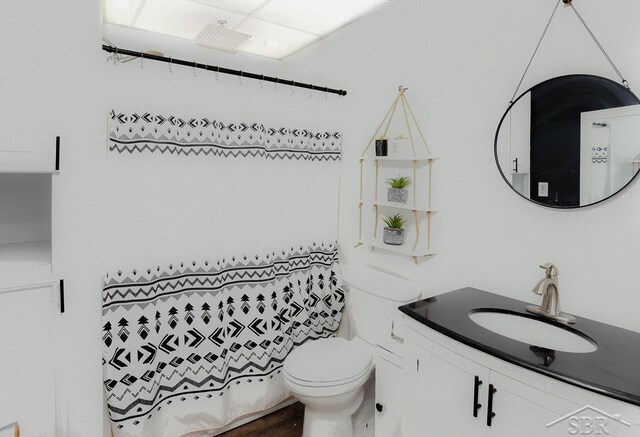 1466 Wilson Ave, Saginaw, MI 48638 - bathroom featuring vanity, toilet, a shower with curtain, and wood finished floors