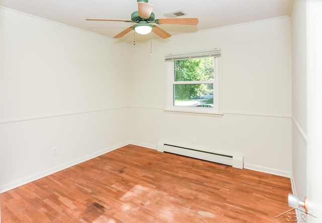 1466 Wilson Ave, Saginaw, MI 48638 - unfurnished room featuring a baseboard heating unit, light wood-style floors, a ceiling fan, baseboards, and crown molding