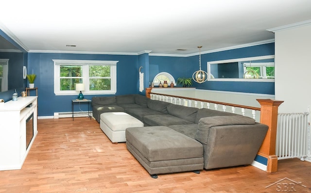 1466 Wilson Ave, Saginaw, MI 48638 - living area featuring radiator, a baseboard radiator, wood finished floors, baseboards, and ornamental molding