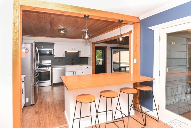 1466 Wilson Ave, Saginaw, MI 48638 - kitchen featuring appliances with stainless steel finishes, wood ceiling, a peninsula, white cabinetry, and light wood finished floors