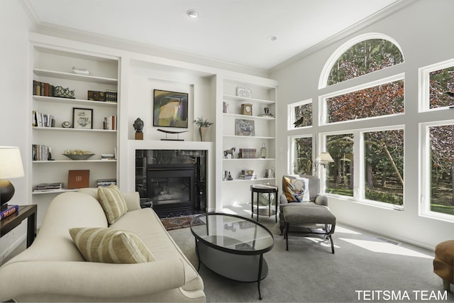 12993 144th Ave, Grand Haven, MI 49417 - living room with built in shelves, ornamental molding, a fireplace, and carpet