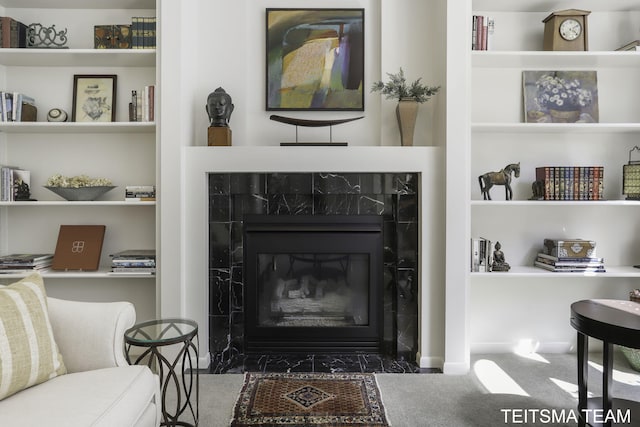 12993 144th Ave, Grand Haven, MI 49417 - living room with built in shelves, a premium fireplace, and marble finish floors