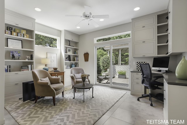 12993 144th Ave, Grand Haven, MI 49417 - office featuring ceiling fan, built in shelves, built in desk, recessed lighting, and light tile patterned floors