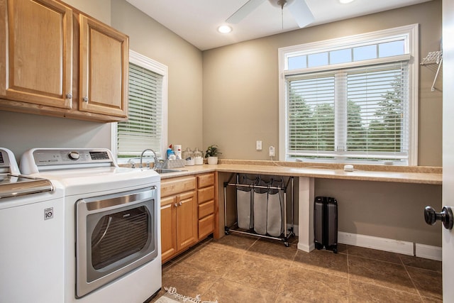 7522 S 10th St, Kalamazoo, MI 49009 - washroom featuring washer and clothes dryer, cabinet space, a ceiling fan, tile patterned floors, and recessed lighting