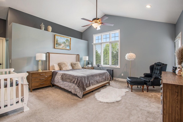 7522 S 10th St, Kalamazoo, MI 49009 - bedroom with light carpet, high vaulted ceiling, baseboards, ceiling fan, and recessed lighting
