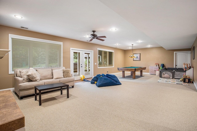 7522 S 10th St, Kalamazoo, MI 49009 - rec room with light carpet, billiards, french doors, recessed lighting, and ceiling fan