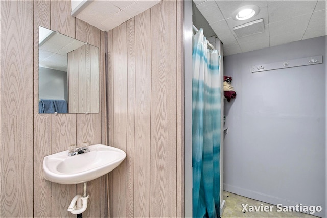 429 Van Allen St SE, Wyoming, MI 49548 - full bathroom with curtained shower, a sink, and wooden walls
