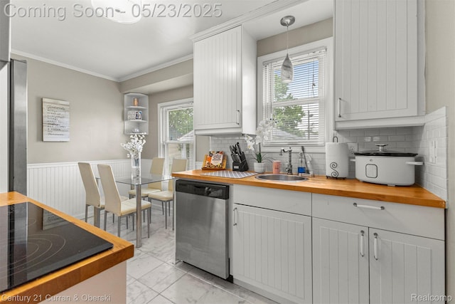 3346 Westpoint St, Dearborn, MI 48124 - kitchen with dishwasher, a sink, light marble finish flooring, wooden counters, and decorative backsplash
