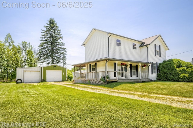 8114 Wilson Rd, Otisville, MI 48463 - view of front of property with a porch, a garage, a front lawn, and an outdoor structure