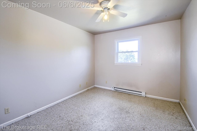 8114 Wilson Rd, Otisville, MI 48463 - carpeted empty room with a baseboard heating unit, ceiling fan, and baseboards