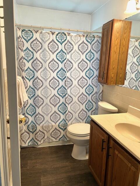 526 18th St, Jackson, MI 49203 - bathroom with vanity, wood finished floors, tasteful backsplash, and a shower with shower curtain