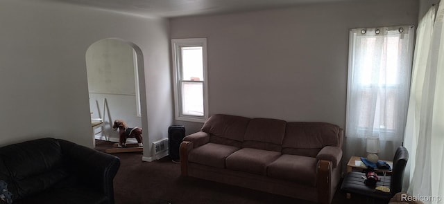 14931 Rossini Dr, Detroit, MI 48205 - living area featuring dark carpet and arched walkways