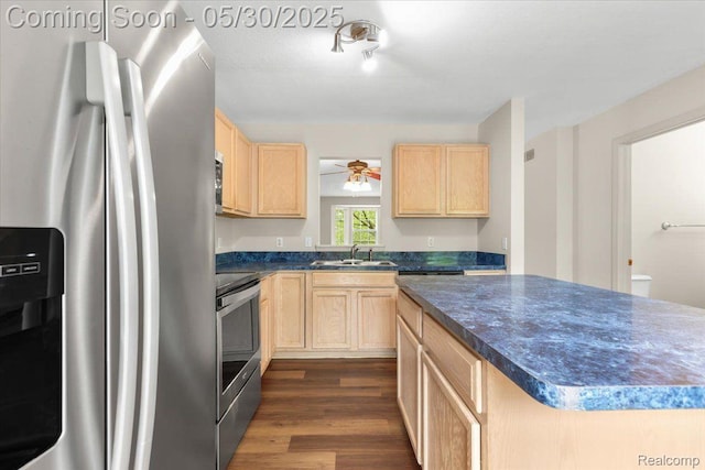 6680 Central City Pkwy, Westland, MI 48185 - kitchen featuring appliances with stainless steel finishes, light brown cabinets, a sink, and dark countertops