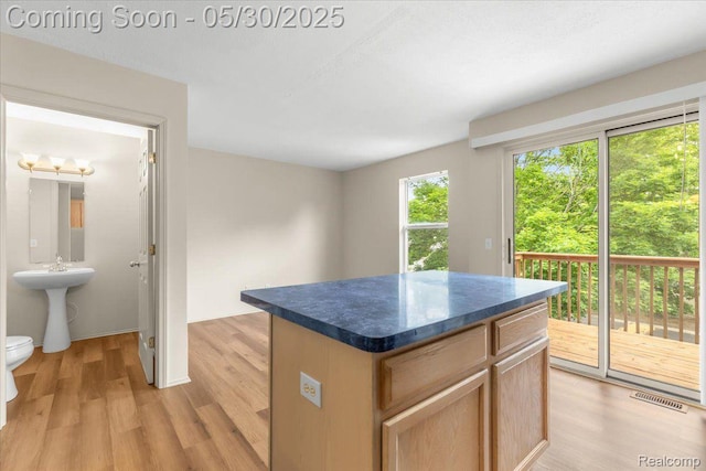 6680 Central City Pkwy, Westland, MI 48185 - kitchen featuring dark countertops, light wood finished floors, and a center island