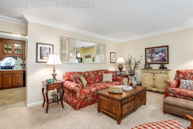 22540 Devonshire St, Woodhaven, MI 48183 - living room with crown molding, light carpet, and baseboards