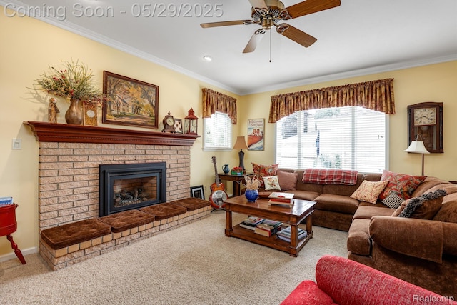 22540 Devonshire St, Woodhaven, MI 48183 - carpeted living area with crown molding, ceiling fan, a brick fireplace, and recessed lighting