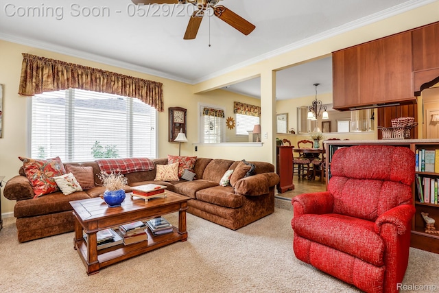 22540 Devonshire St, Woodhaven, MI 48183 - living room featuring a ceiling fan, crown molding, and carpet flooring