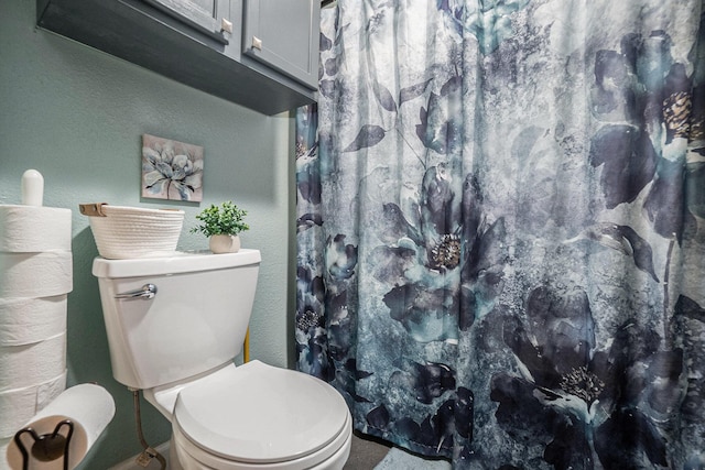 5778 Borland St, Sears, MI 49679 - bathroom with toilet, a textured wall, and curtained shower