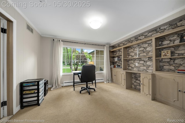 4462 Barchester Dr, Bloomfield Hills, MI 48302 - office with ornamental molding, a baseboard heating unit, light colored carpet, built in features, and baseboards