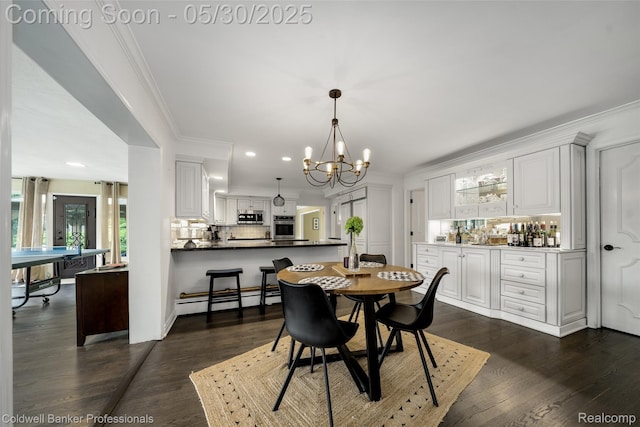 4462 Barchester Dr, Bloomfield Hills, MI 48302 - dining area featuring recessed lighting, crown molding, a chandelier, dark wood-type flooring, and baseboard heating