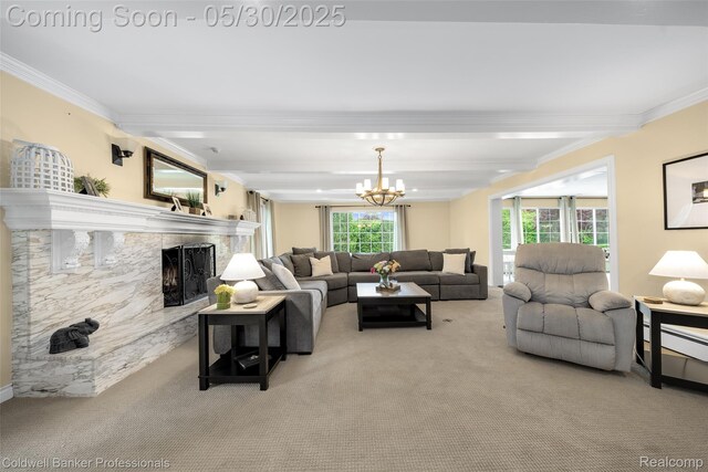 4462 Barchester Dr, Bloomfield Hills, MI 48302 - living area with carpet flooring, crown molding, a chandelier, a fireplace, and beamed ceiling