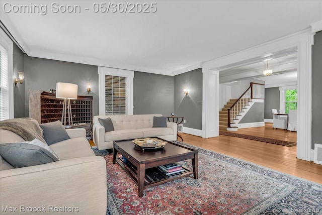 27160 Scenic, Franklin, MI 48025 - living area with wood finished floors, stairs, and baseboards