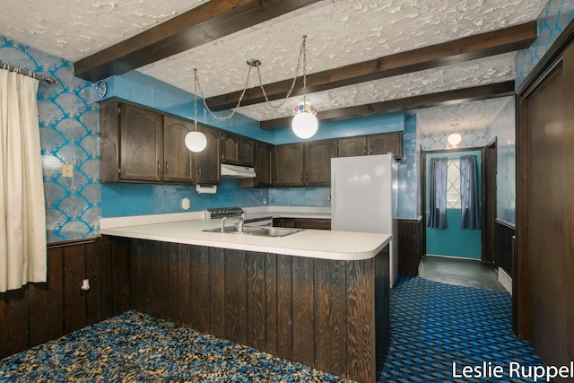 6221 Honeymoon Dr, Lakeview, MI 48850 - kitchen featuring wallpapered walls, beam ceiling, under cabinet range hood, a sink, and light countertops