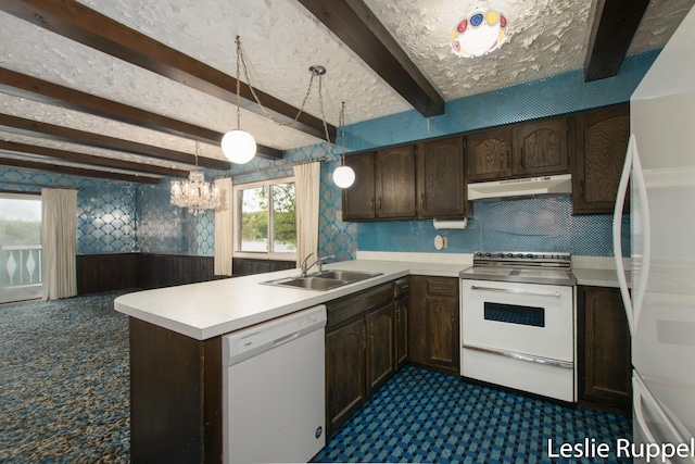 6221 Honeymoon Dr, Lakeview, MI 48850 - kitchen with white appliances, dark carpet, under cabinet range hood, a sink, and beam ceiling