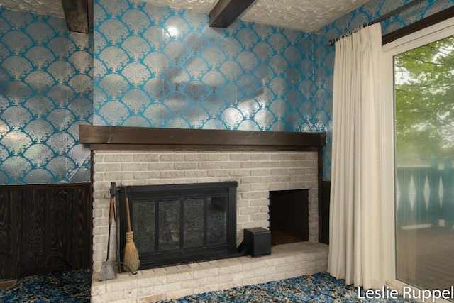 6221 Honeymoon Dr, Lakeview, MI 48850 - detailed view of wallpapered walls, a fireplace, and beamed ceiling