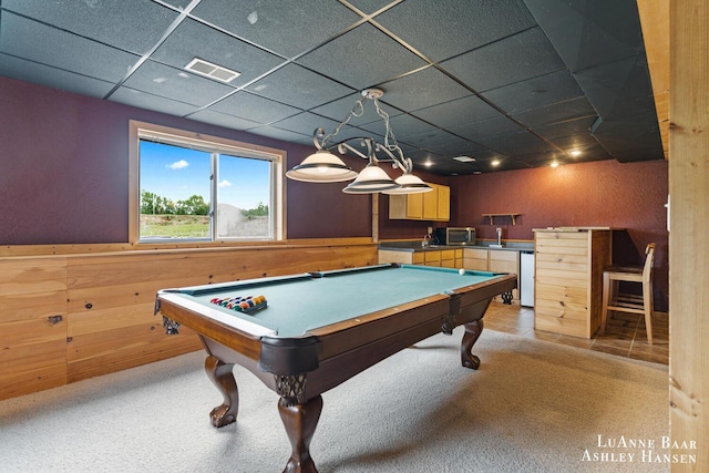 7300 Orchard View Dr NE, Rockford, MI 49341 - game room featuring a paneled ceiling, billiards table, wainscoting, wood walls, and a sink