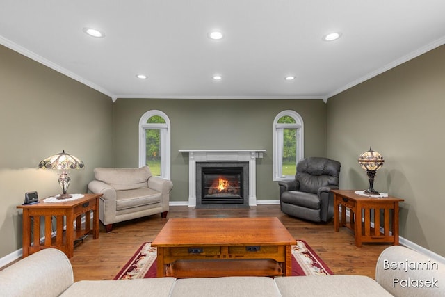 5826 W 124th St, Grant, MI 49327 - living area featuring crown molding, recessed lighting, wood finished floors, a fireplace with flush hearth, and baseboards