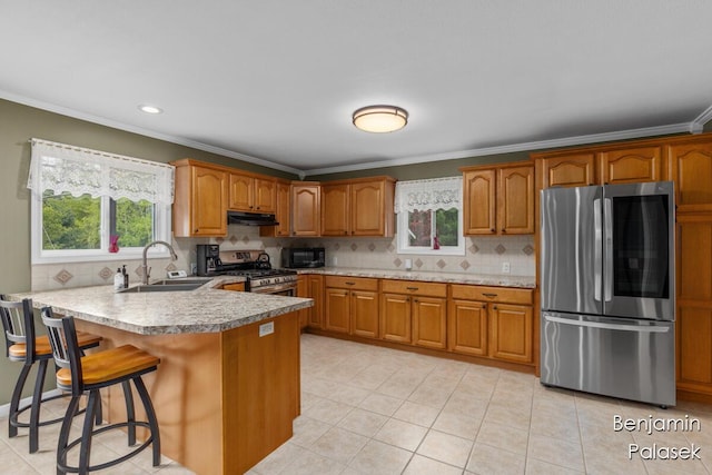 5826 W 124th St, Grant, MI 49327 - kitchen featuring appliances with stainless steel finishes, a sink, under cabinet range hood, ornamental molding, and a peninsula