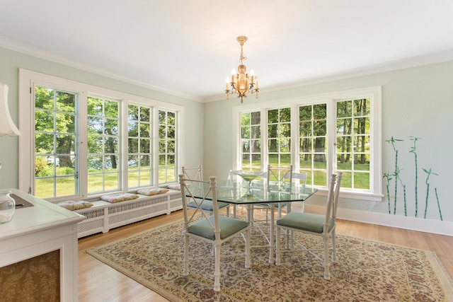 18957 N Fruitport Rd, Spring Lake, MI 49456 - dining room with crown molding, a chandelier, plenty of natural light, wood finished floors, and baseboards