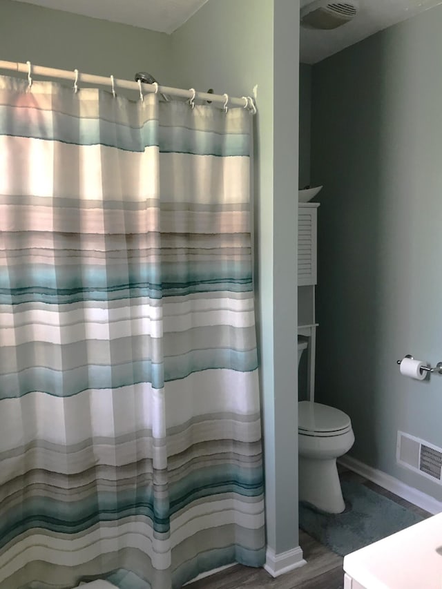 5883 Thistlewood Ave, Scotts, MI 49088 - full bath featuring wood finished floors, toilet, a shower with curtain, vanity, and baseboards