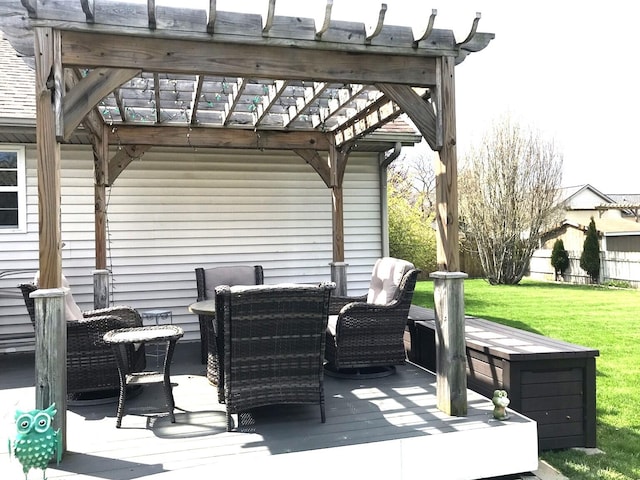 5883 Thistlewood Ave, Scotts, MI 49088 - wooden terrace featuring a pergola, a yard, and outdoor dining area