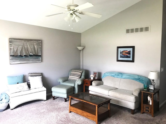 5883 Thistlewood Ave, Scotts, MI 49088 - carpeted living area featuring a ceiling fan and lofted ceiling
