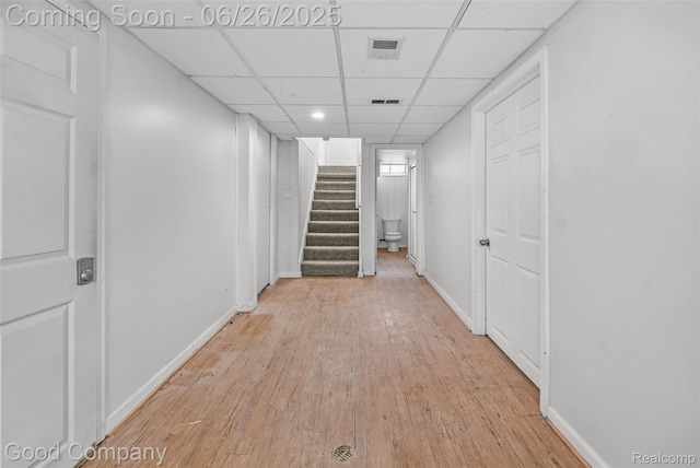 26730 W Davison, Redford, MI 48239 - hall with stairway, a paneled ceiling, light wood finished floors, and recessed lighting