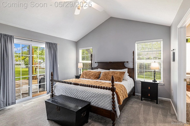 1411 Vollar Dr, Flint, MI 48532 - bedroom with access to outside, vaulted ceiling, carpet, ceiling fan, and baseboards