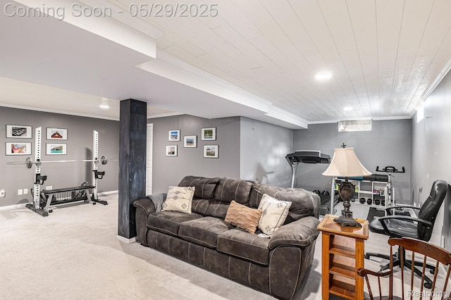 1411 Vollar Dr, Flint, MI 48532 - living area featuring carpet, crown molding, baseboards, wood ceiling, and recessed lighting