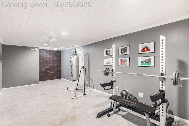 1411 Vollar Dr, Flint, MI 48532 - exercise room featuring wood ceiling, carpet floors, baseboards, and crown molding