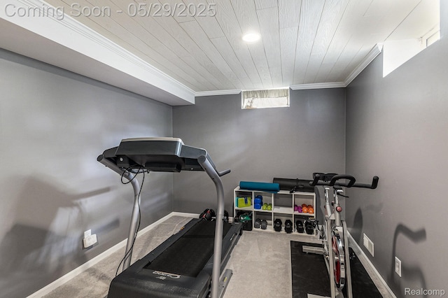 1411 Vollar Dr, Flint, MI 48532 - exercise area featuring carpet floors, ornamental molding, wood ceiling, and baseboards