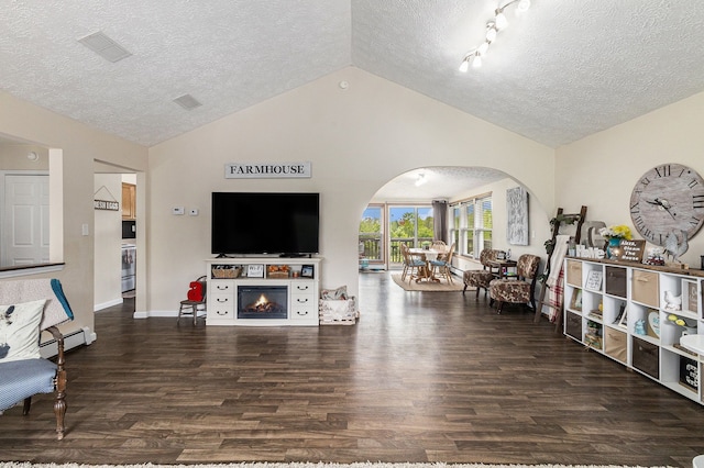 1977 Shipman Rd, Oxford, MI 48371 - living room featuring arched walkways, a textured ceiling, vaulted ceiling, wood finished floors, and a baseboard radiator