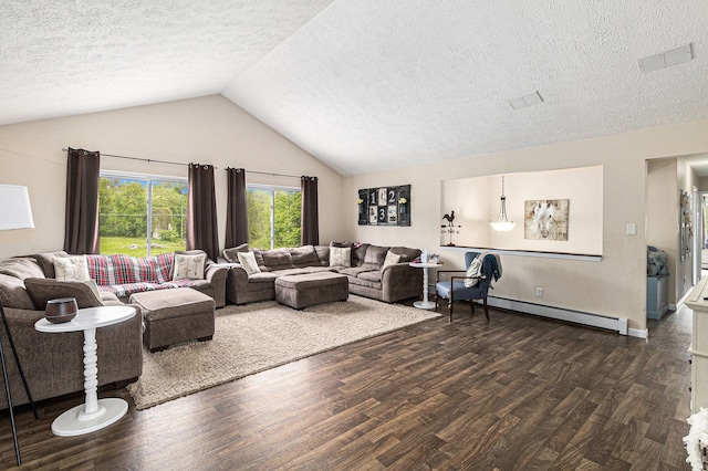 1977 Shipman Rd, Oxford, MI 48371 - living area featuring a baseboard radiator, dark wood-style floors, a textured ceiling, and vaulted ceiling