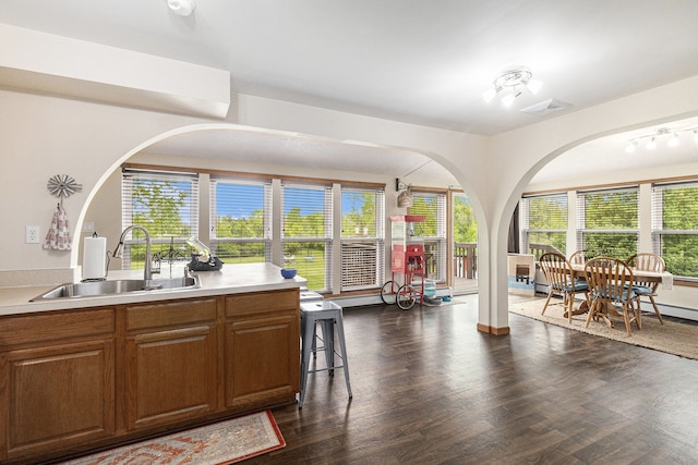 1977 Shipman Rd, Oxford, MI 48371 - kitchen featuring a sink, light countertops, dark wood-style flooring, and arched walkways